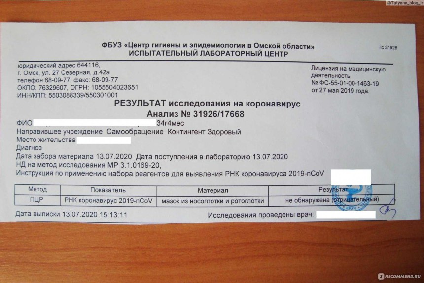 Результат анализа на коронавирус
