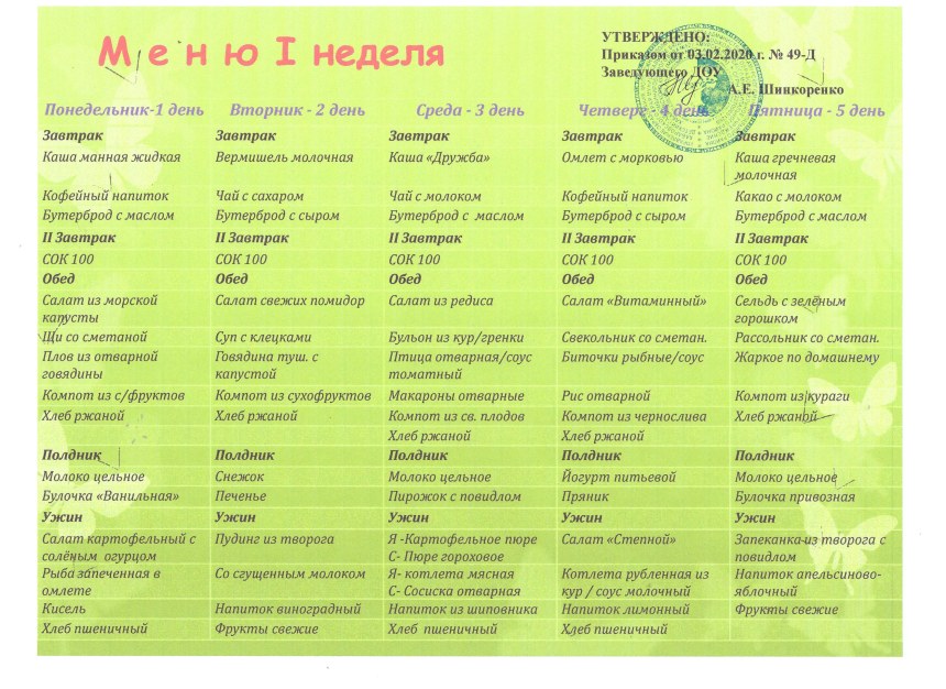 Меню в детском саду на неделю