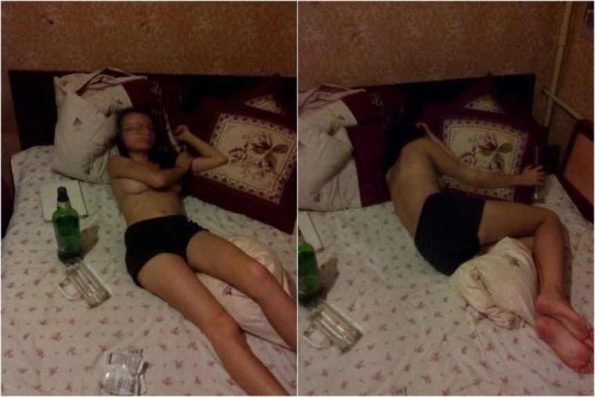 Пьяные девушки в постели